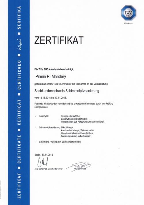 TÜV-Zertifikat für  Sachkunde Schimmelbekämpfung